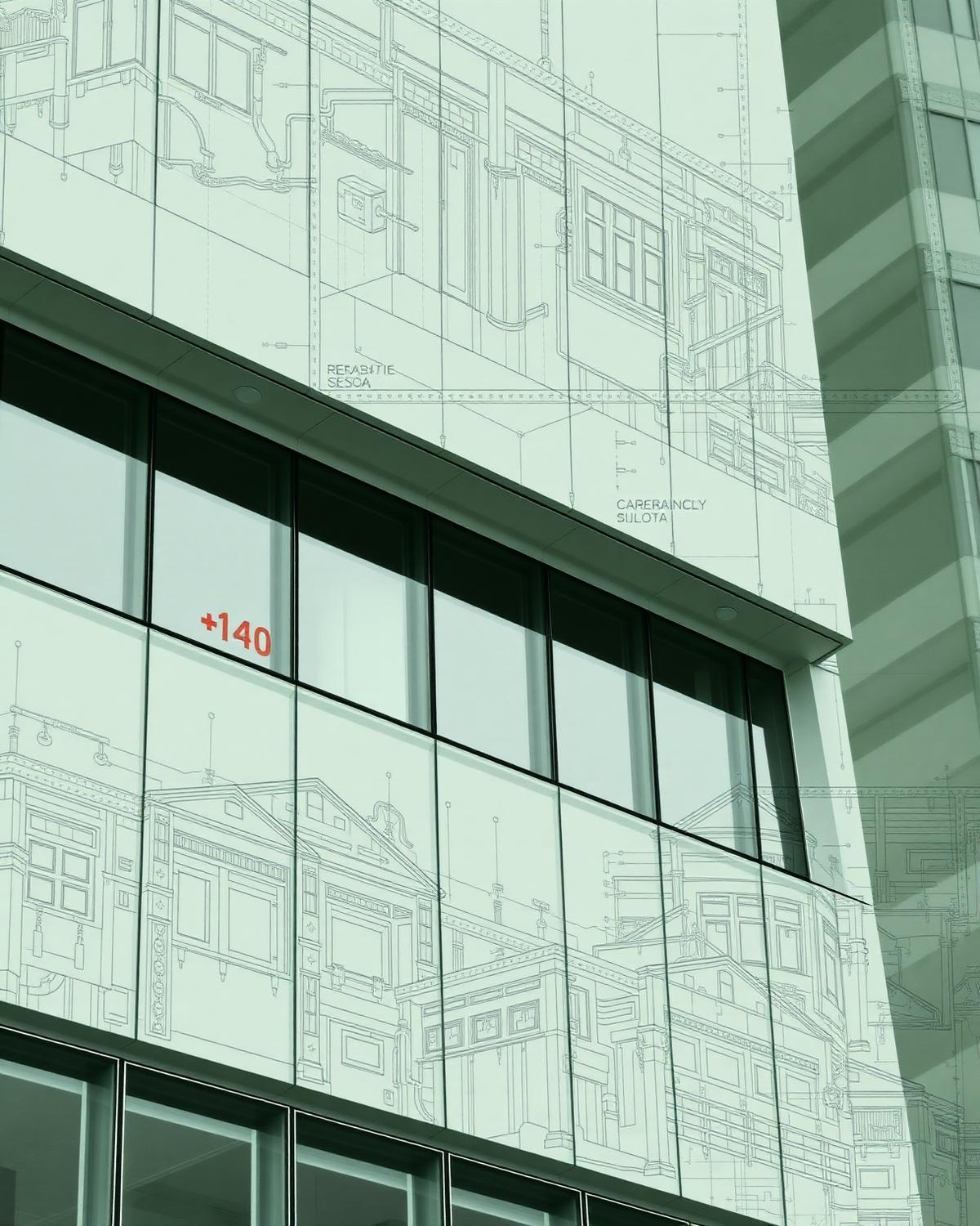 Edifício corporativo em São Paulo com overlay de planta técnica